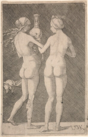 Two Nude Women, One Holding a Skull and an Hourglass