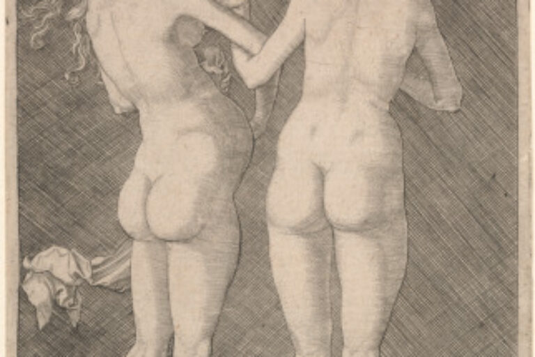 TWO NUDE WOMEN, ONE HOLDING A SKULL AND AN HOURGLASS