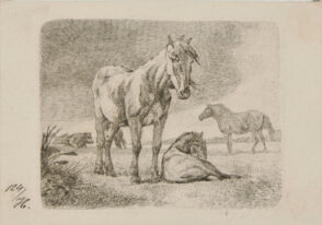 Horses and Cattle in a Pasture, Stormy Sky Above