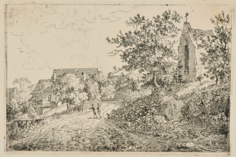 LANDSCAPE WITH VILLAGE AND TWO MEN ON ROAD