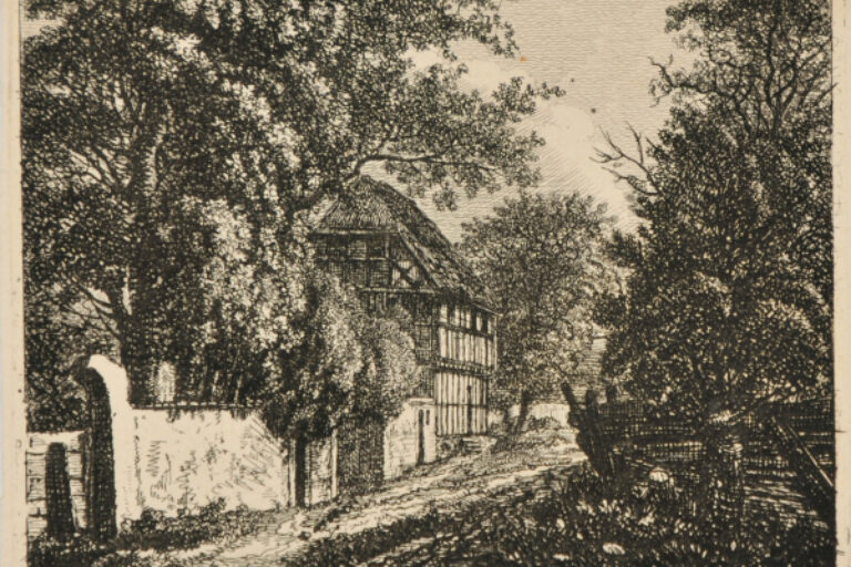 LANDSCAPE WITH TIMBERED COTTAGE TO LEFT OF ROAD