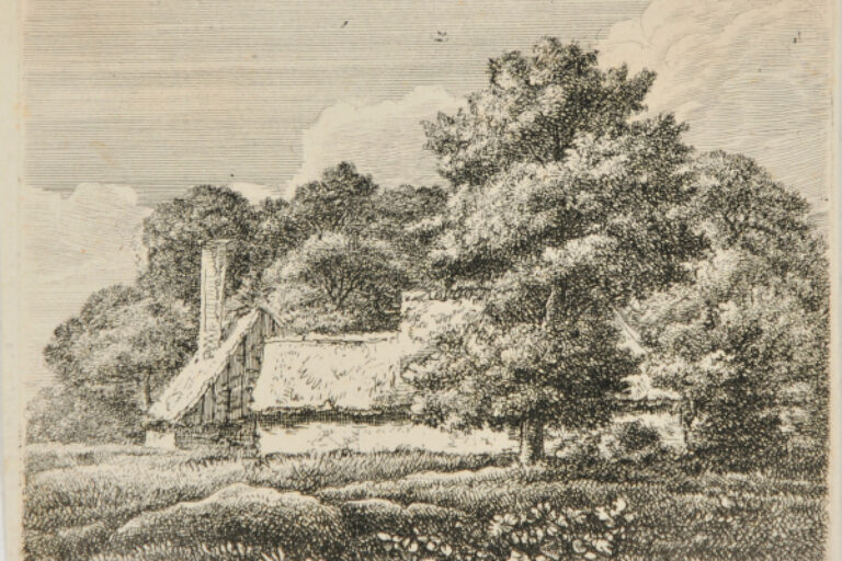 LANDSCAPE WITH LARGE OAK BY THATCHED COTTAGES