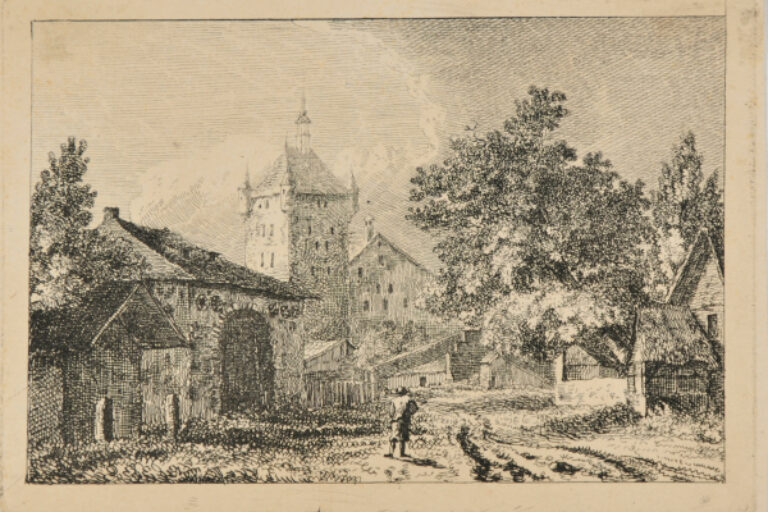 VILLAGE ROAD WITH CASTLE TOWER IN BACKGROUND