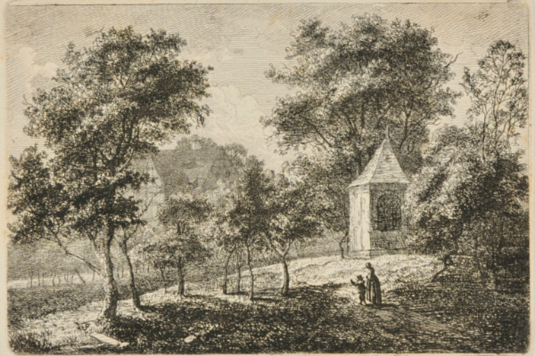 LANDSCAPE WITH WOMAN AND CHILD WALKING TOWARD SMALL PAVILLION