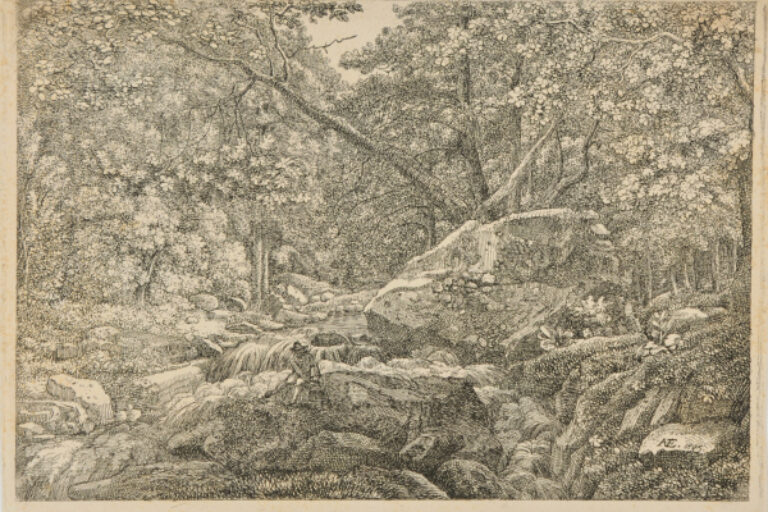 ROCKY STREAM THROUGH THE WOODS, WITH MAN SITTING ON ROCK BY CASCADE