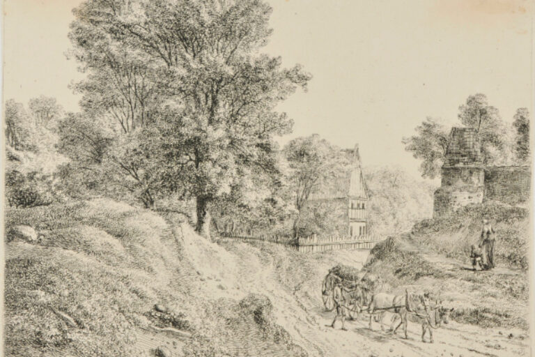 LANDSCAPE WITH LOADED HAY WAGON ON ROAD
