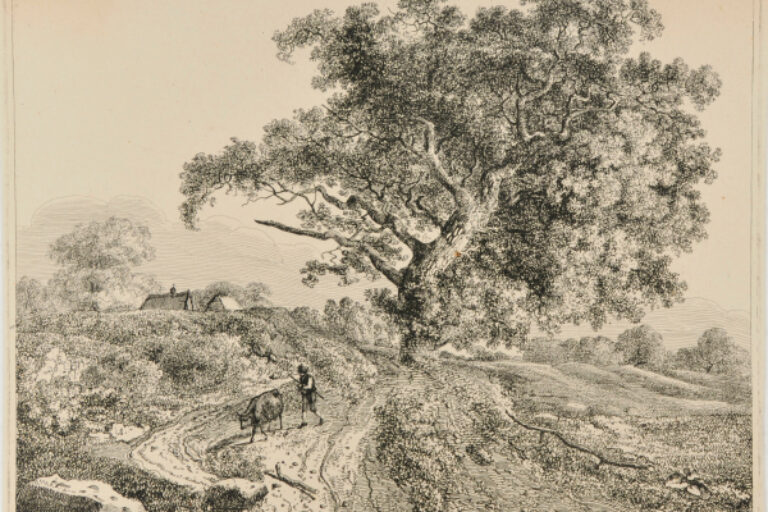 LANDSCAPE WITH OAK AND MAN DRIVING COW