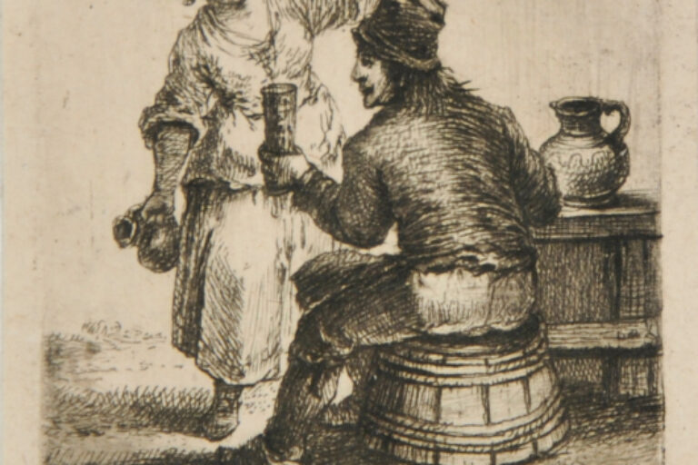 WOMAN SERVING MAN IN A TAVERN