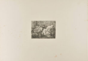 Rocky Landscape with Man on Bridge Over a Waterfall