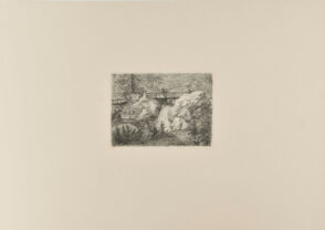 Rocky Landscape with Man on Bridge Over a Waterfall