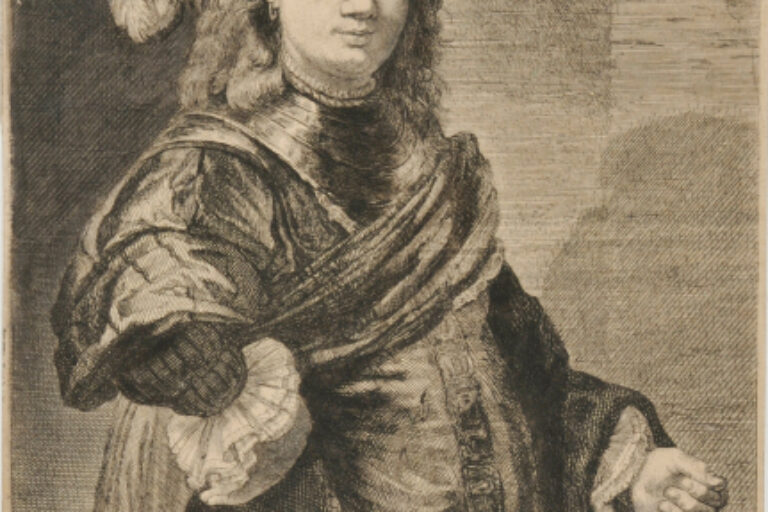 PORTRAIT OF A YOUNG MAN, STANDING THREE-QUARTERS LENGTH, WEARING A FLAT CAP WITH FEATHERS AND SASH