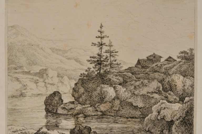 ROCKY LANDSCAPE, WITH CABINS NEAR WATER