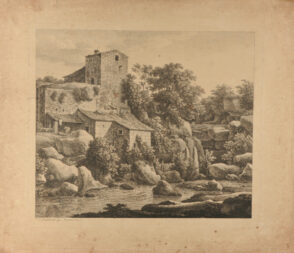 Rocky Stream with Buildings at Left