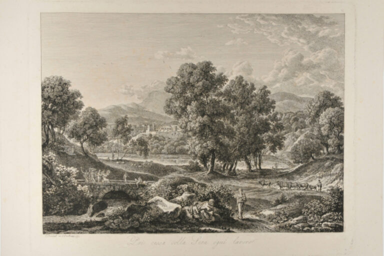EVENING: CLASSICAL LANDSCAPE WITH SHEPHERDS AND SHEPHERDESSES DANCING ON A BRIDGE