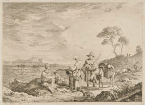 Italian Peasants by a Bay, with Sailboats in Distance