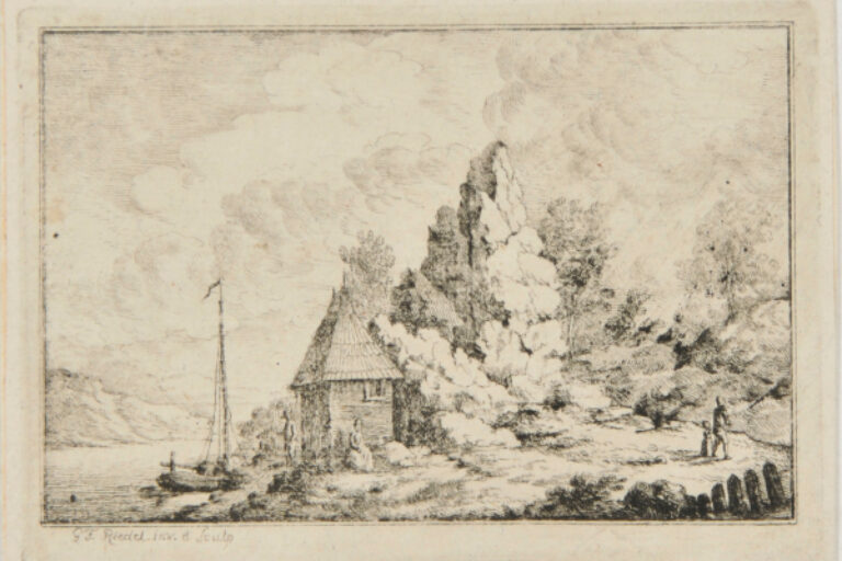 LANDSCAPE WITH SMALL COTTAGE AND SAILING BOAT