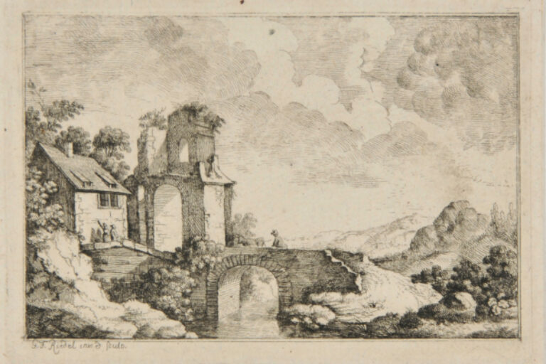 LANDSCAPE WITH MAN DRIVING A COW OVER A BRIDGE
