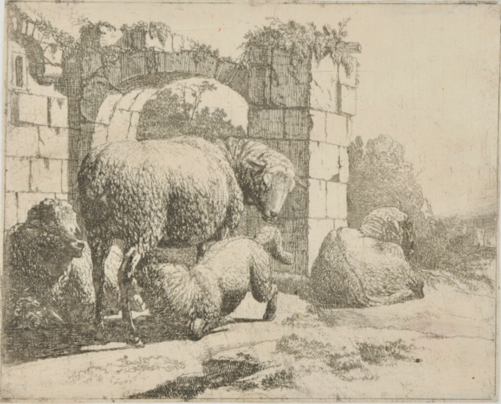 Sheep at Center with Drinking Lamb in Front of Roman Arch