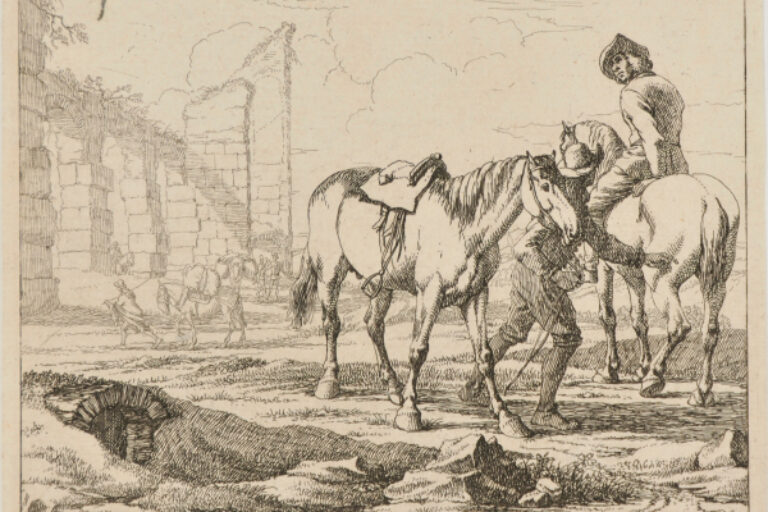LANDSCAPE WITH RIDER LEADING HORSE, WITH ANOTHER HORSE AND RIDER NEARBY