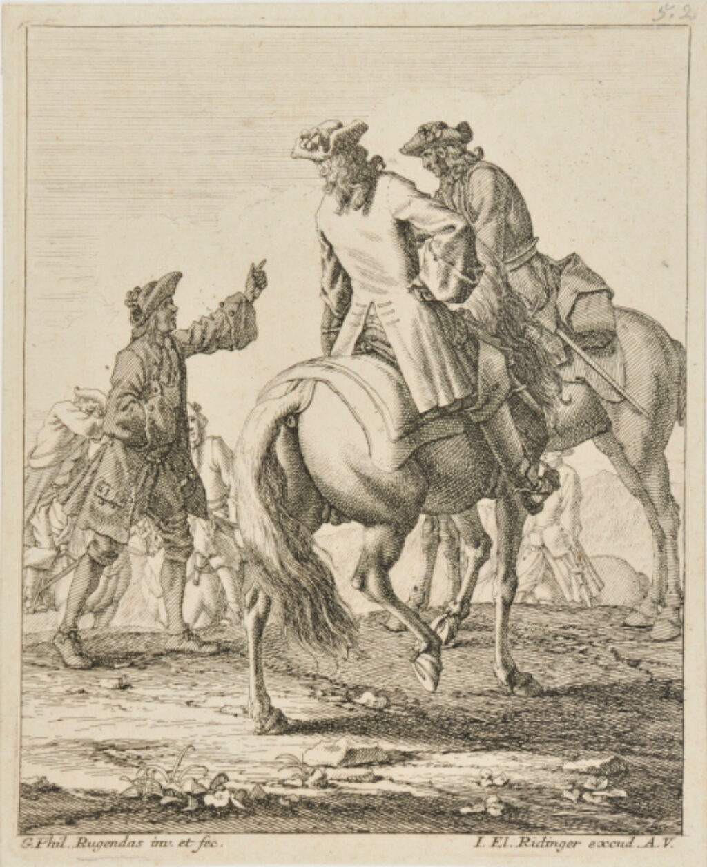 Man on Foot Talking to Two Men on Horseback