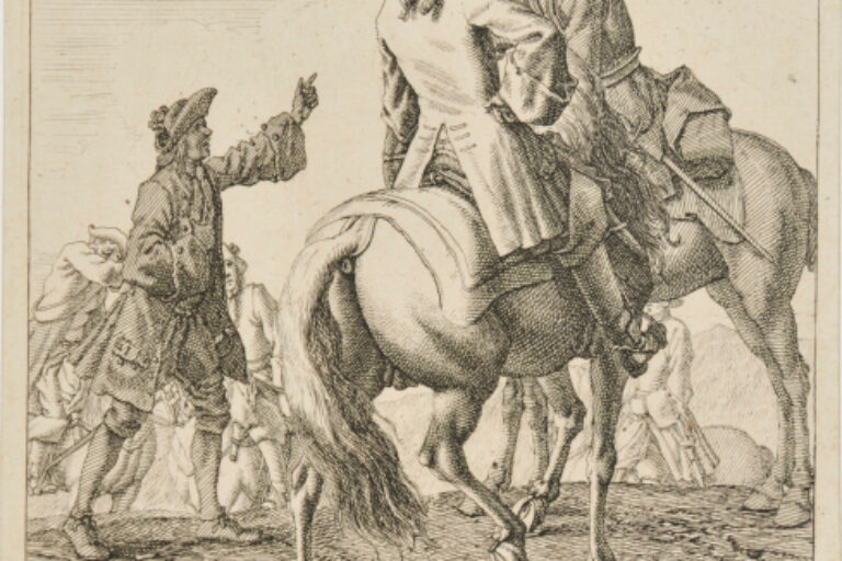 MAN ON FOOT TALKING TO TWO MEN ON HORSEBACK