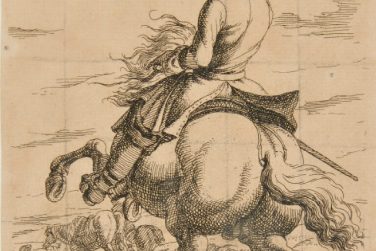 MAN MOUNTED ON REARING HORSE, SEEN FROM BACK