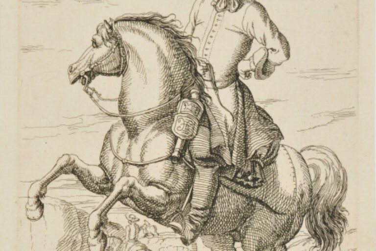 RIDER SEEN FROM THE FRONT, ON HORSE REARING TOWARD LEFT