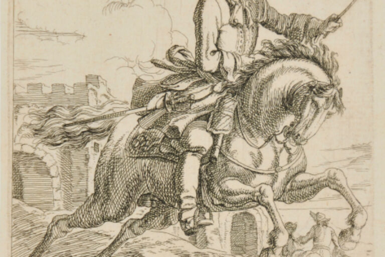 RIDER SEEN FROM THE FRONT, ON HORSE REARING TOWARD RIGHT