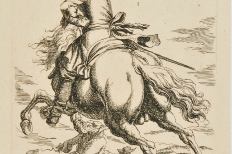 GALLOPING HORSE WITH RIDER, SEEN FROM THE BACK