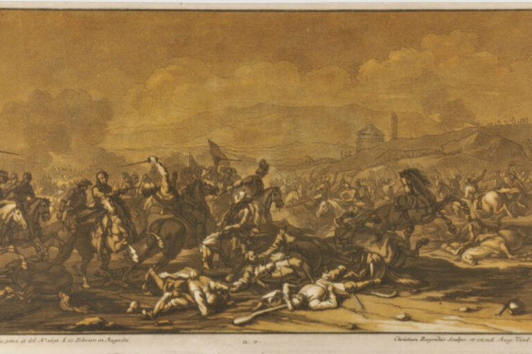 BATTLE SCENE, WITH DEAD AND WOUNDED SOLDIERS IN FOREGROUND, REARING HORSE AT RIGHT