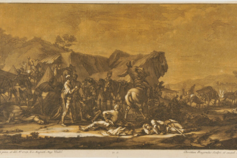 MILITARY SCENE, SOLDIER ON HORSEBACK IN CENTER GIVING ORDERS, DEAD HORSE ON GROUND AT LEFT