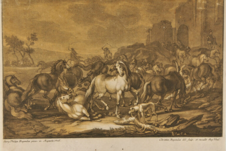 MILITARY SCENE, WITH RIDERLESS HORSES IN CONFUSION