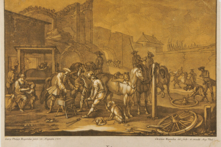 MILITARY SCENE, MEN SHOEING HORSE IN CENTER