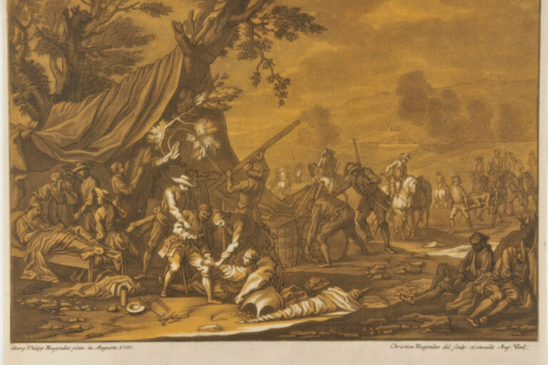 MILITARY SCENE, DOCTOR GIVING AID TO WOUNDED SOLDIER IN FOREGROUND