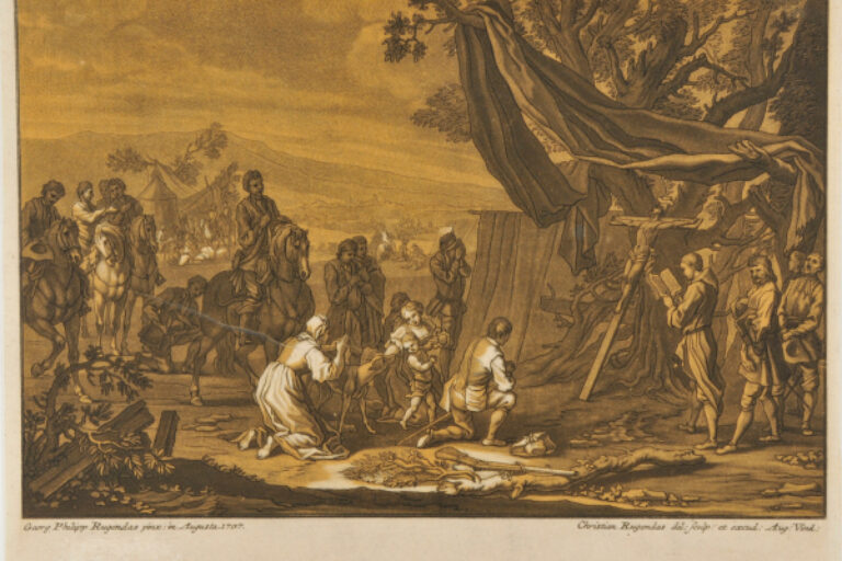 GROUP OF PEOPLE PRAYING BEFORE A CRUCIFIX