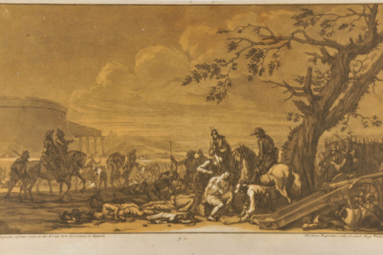 MILITARY SCENE, WITH WOUNDED AND DYING MEN IN FOREGROUND, RECEIVING MEDICAL AND SPIRITUAL AID