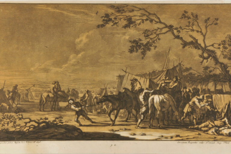 MILITARY CAMP, YOUTH PULLING HORSE ON REIN IN FOREGROUND