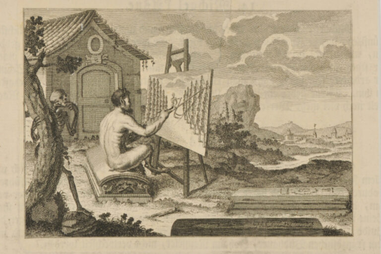 SATYR PAINTING IN GRAVEYARD WITH SKELETON STANDING BY TREE
