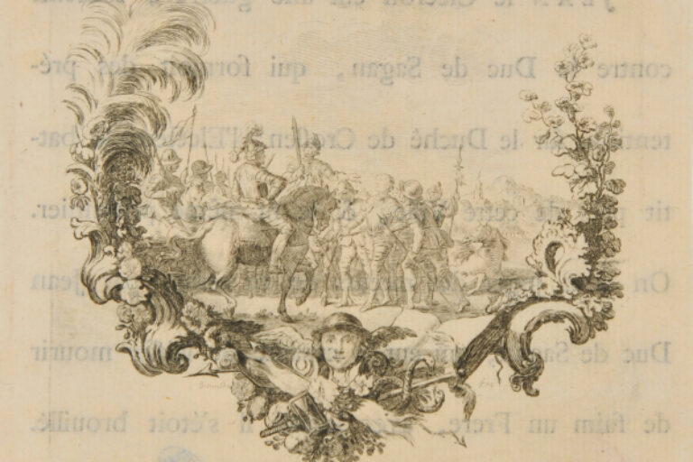 VIGNETTE WITH SOLDIERS ON HORSEBACK IN FOREGROUND AT LEFT