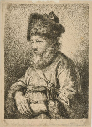 Bearded Man, Wearing Fur Hat Hands Folded in Front of Him