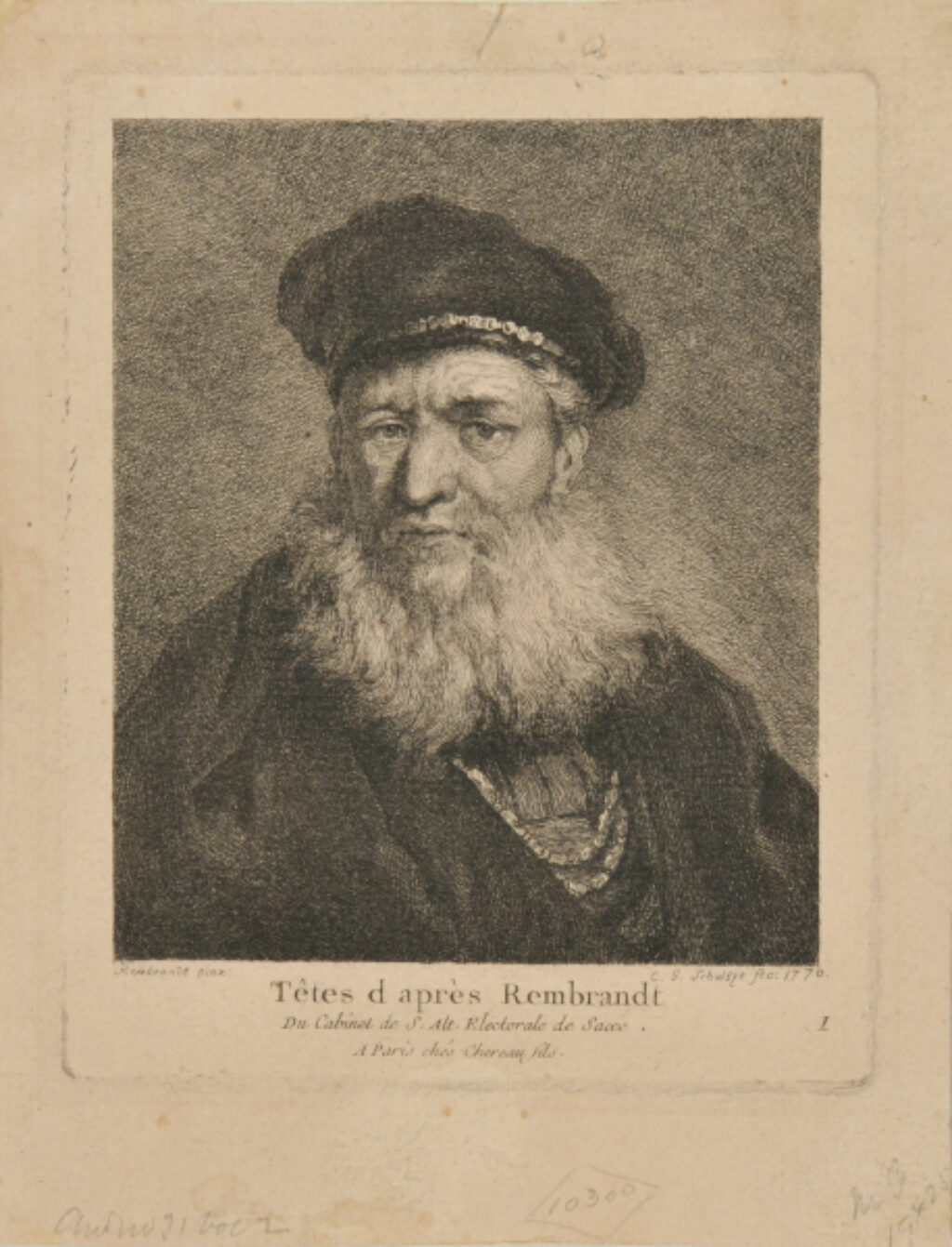 Plate 1 from the series “Têtes d’après Rembrandt du cabinet de S. Alte Electorale de Saxe”