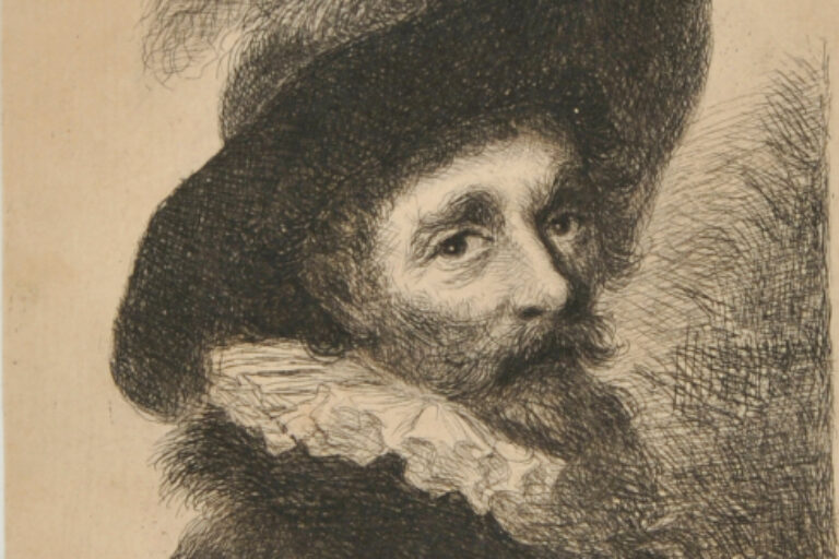 BUST OF A BEARDED MAN TURNED TO THE RIGHT, WEARING A RUFF AND A HAT WITH A FEATHER