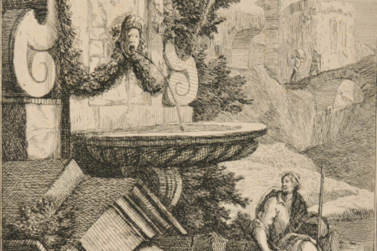 FIGURE SITTING NEXT TO A FOUNTAIN