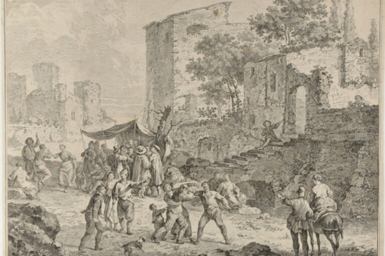LANDSCAPE, WITH TWO MEN QUARRELING IN FOREGROUND