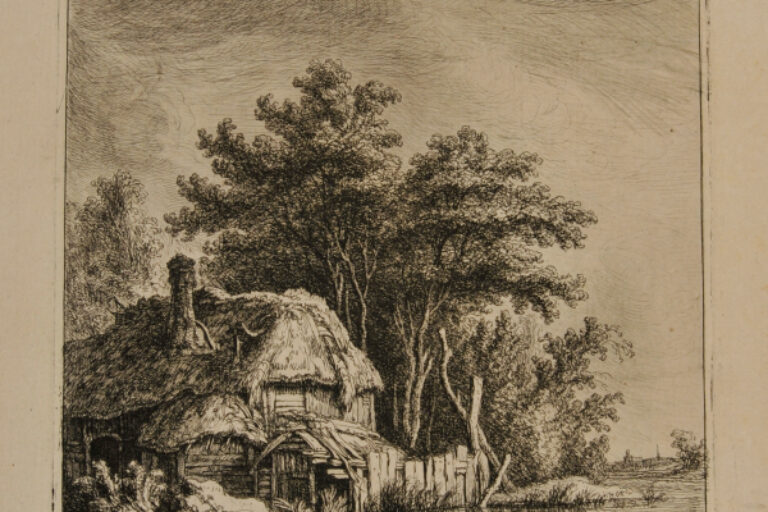 LANDSCAPE WITH COTTAGE ON THE WATER IN FRONT OF TREES