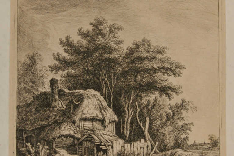 LANDSCAPE WITH COTTAGE ON THE WATER IN FRONT OF TREES