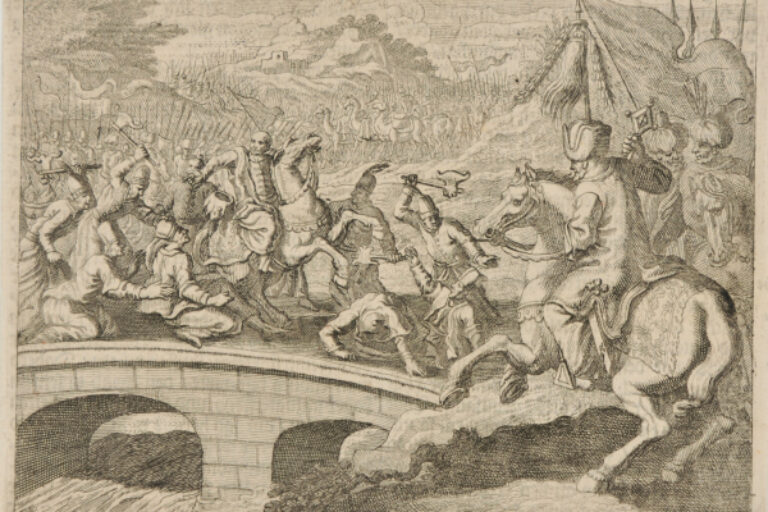 BATTLE SCENE, WITH MEN FIGHTING ON A STONE BRIDGE