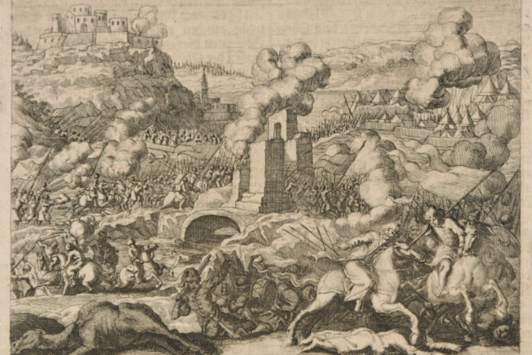 BATTLE SCENE, WITH CATTLE ON HILL IN DISTANCE
