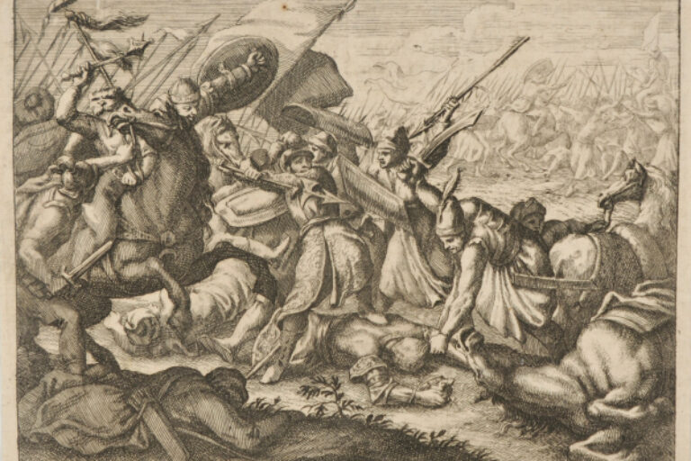 BATTLE SCENE, MAN ON HORSEBACK AT LEFT