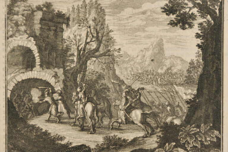 SOLDIERS ATTACKING A GROUP OF PEOPLE IN A RUINED BUILDING